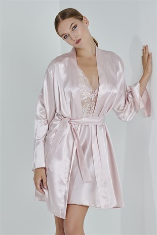 Kadın Pudra Saten Çeyiz Seti 6 Parça Dantelli Sabahlık Gecelik Pijama Şortlu Takım