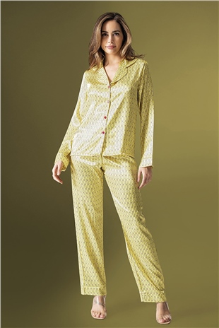 Kadın Sarı Desenli Önden Düğmeli Saten Pijama Takımı 2200