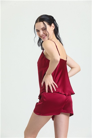 Magic Form 16790 Kadın Bordo Degaje Yaka Krep Saten Şort Takım