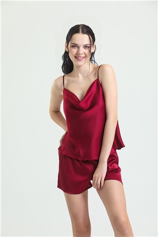 Magic Form 16790 Kadın Bordo Degaje Yaka Krep Saten Şort Takım