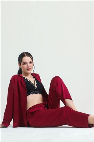 Magic Form 19718 Kadın Bordo Gömlek Yaka Biyeli Cepli Saten Pijama Takım