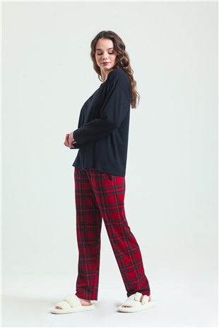 Magic Form 19865 Kadın Bordo Penye Ekose Pijama Takım