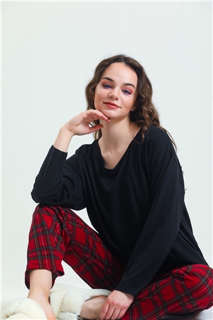 Magic Form 19865 Kadın Bordo Penye Ekose Pijama Takım