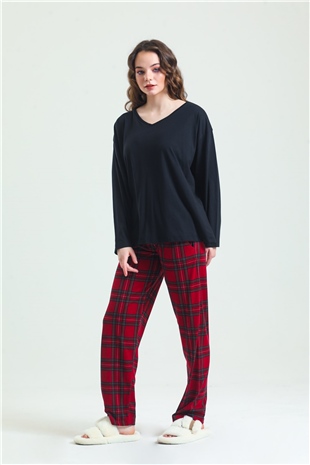 Magic Form 19865 Kadın Bordo Penye Ekose Pijama Takım
