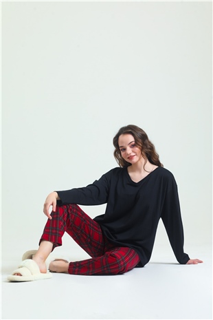 Magic Form 19865 Kadın Bordo Penye Ekose Pijama Takım