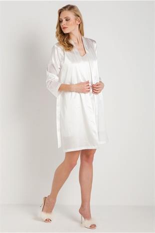 Magic Form 30428 Kadın Ekru Düz Saten Kumaşlı Kısa Sabahlık