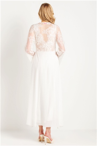 Magic Form 31770 Kadın Ekru Püsküllü Dantelli Krep Uzun Sabahlık