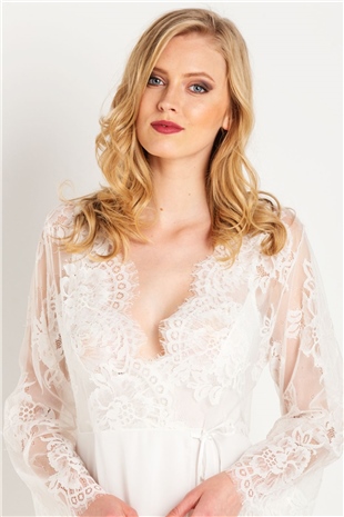 Magic Form 31770 Kadın Ekru Püsküllü Dantelli Krep Uzun Sabahlık