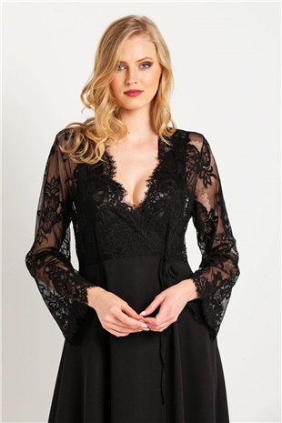 Magic Form 31770 Kadın Siyah Püsküllü Dantelli Krep Uzun Sabahlık