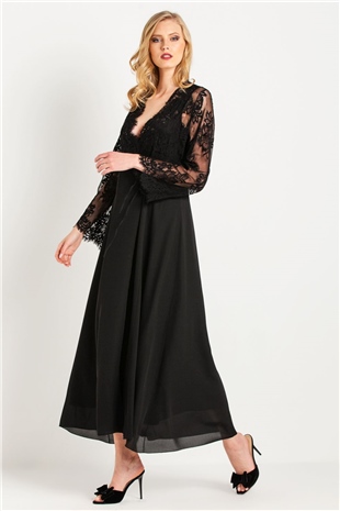 Magic Form 31770 Kadın Siyah Püsküllü Dantelli Krep Uzun Sabahlık