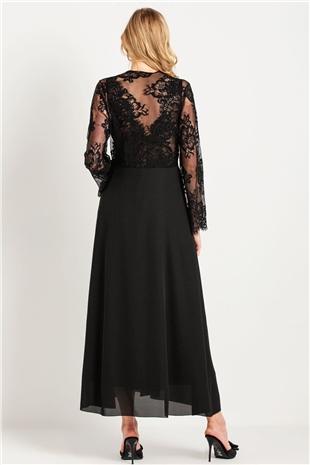 Magic Form 31770 Kadın Siyah Püsküllü Dantelli Krep Uzun Sabahlık
