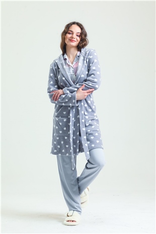 Magic Form 35252 Kadın Gri Kapüşonlu Polar Sabahlık(Kapüşonu Astarsız)