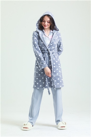 Magic Form 35252 Kadın Gri Kapüşonlu Polar Sabahlık(Kapüşonu Astarsız)