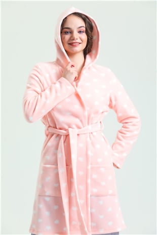 Magic Form 35252 Kadın Pembe Kapüşonlu Polar Sabahlık(Kapüşonu Astarsız)