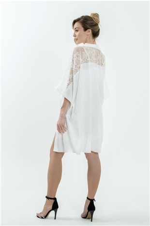 Magic Form 36494 Kadın Ekru Dantelli Kısa Krep Saten Tek Sabahlık