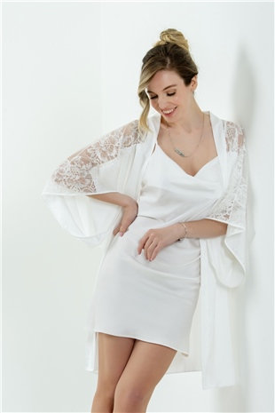 Magic Form 36494 Kadın Ekru Dantelli Kısa Krep Saten Tek Sabahlık