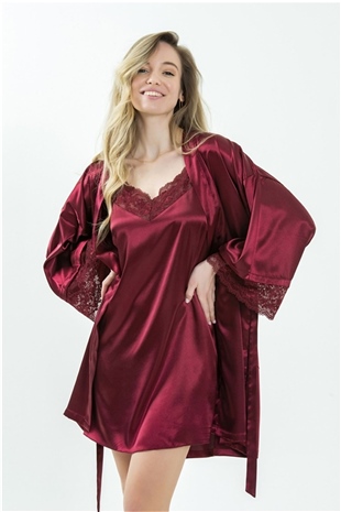 Magic Form 37430 Kadın Bordo Krep Saten Dantelli Tek Sabahlık