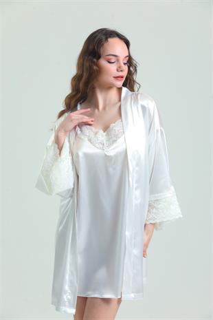 Magic Form 37430 Kadın Ekru Krep Saten Dantelli Sabahlık