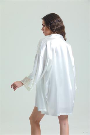 Magic Form 37430 Kadın Ekru Krep Saten Dantelli Sabahlık