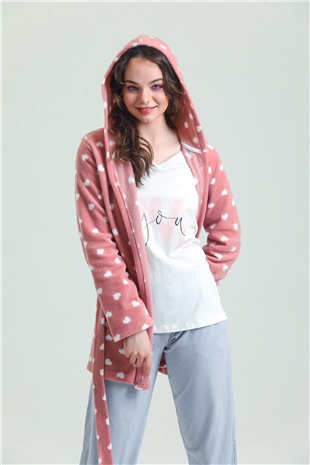 Magic Form 37680 Kadın Gül Kurusu Kalpli 3Lü Polar Pijama Takım