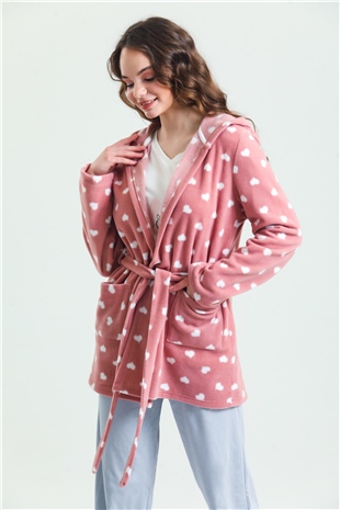 Magic Form 37680 Kadın Gül Kurusu Kalpli 3Lü Polar Pijama Takım