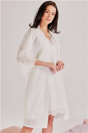 Magic Form 46108 Kadın Ekru Kendinden Brode Desenli Pamuklu Tek Sabahlık