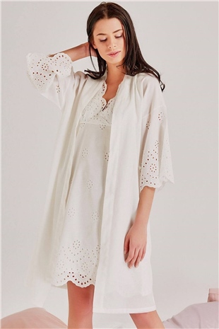 Magic Form 46108 Kadın Ekru Kendinden Brode Desenli Pamuklu Tek Sabahlık