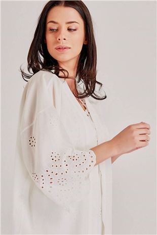 Magic Form 46108 Kadın Ekru Kendinden Brode Desenli Pamuklu Tek Sabahlık