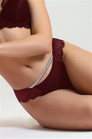 Magic Form 486 Kadın Bordo Taşlı Dantelli Normal Külot