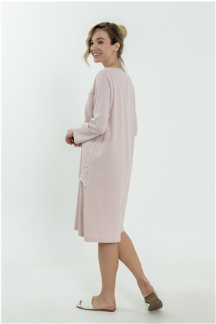 Magic Form 62108 Kadın Pudra Brodeli Penye Uzun Kollu Hamile Lohusa Gecelik
