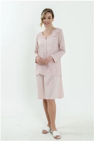 Magic Form 62108 Kadın Pudra Brodeli Penye Uzun Kollu Hamile Lohusa Gecelik