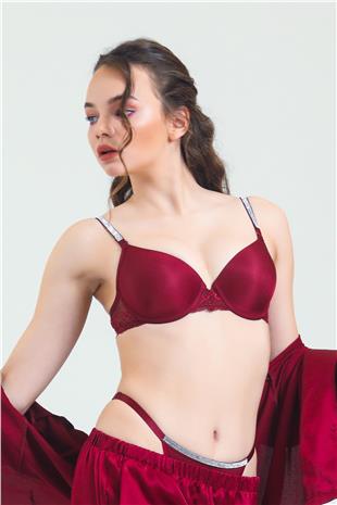Magic Form 6389 Kadın Bordo Askısı Taşlı Dantelli Süngerli Sütyen