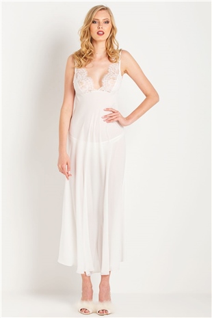 Magic Form 71770 Kadın Ekru Püsküllü Dantelli Krep Uzun Gecelik