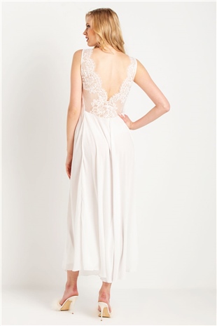 Magic Form 71770 Kadın Ekru Püsküllü Dantelli Krep Uzun Gecelik