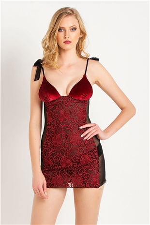 Magic Form 7290 Kadın Bordo Kadife Kumaşlı Prada Dantelli Gecelik