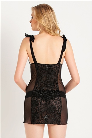 Magic Form 7290 Kadın Siyah Kadife Kumaşlı Prada Dantelli Gecelik