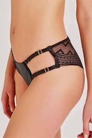 Magic Form 748 Kadın Siyah Deri Zigzag Dantelli Ayarlanabilir Külot
