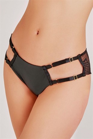 Magic Form 748 Kadın Siyah Deri Zigzag Dantelli Ayarlanabilir Külot