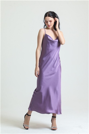 Magic Form 9790 Kadın Lila Degaje Yaka Krep Saten Uzun Gecelik