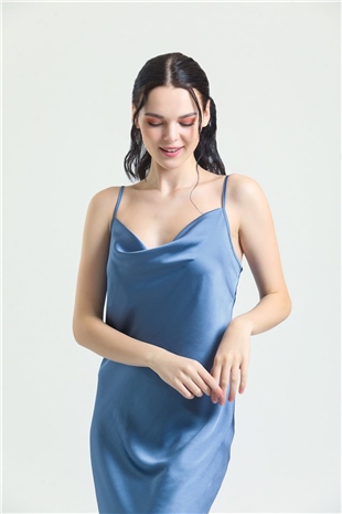 Magic Form 9790 Kadın Mavi Degaje Yaka Krep Saten Uzun Gecelik