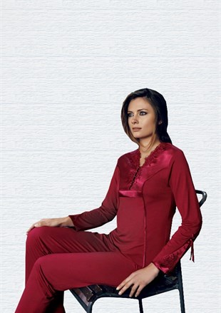 Miss Carmen 2020 Kadın İkili V Yaka Uzun Kol Penye Lohusa Pijama Takımı - Bordo