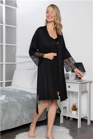 Monamise 18155 Kadın Siyah Dantel Detaylı İp Askılı Gecelik Sabahlık Takım