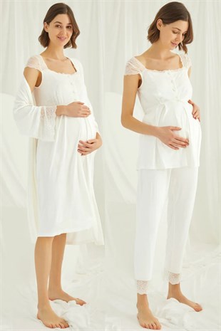 Monamise 18202303 Kadın Ekru Hamile Lohusa Seti Sabahlık Gecelik Pijama Takım