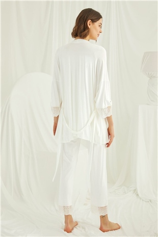 Monamise 18203 Kadın Ekru Hamile Lohusa 3lü Sabahlık Pijama Takım