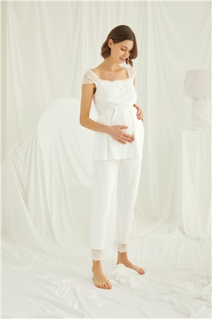 Monamise 18203 Kadın Ekru Hamile Lohusa 3lü Sabahlık Pijama Takım