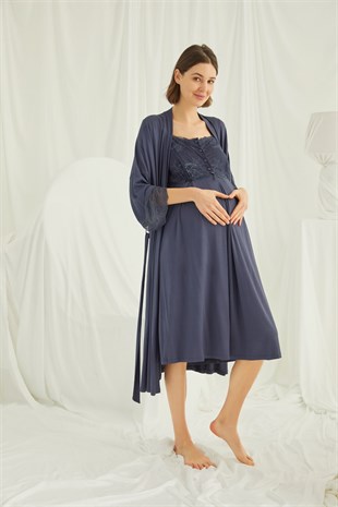 Monamise 18210305 Kadın Lacivert Hamile Lohusa Seti Sabahlık Gecelik Pijama Takım