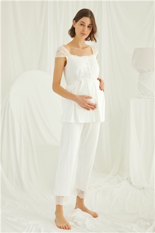 Monamise 18303 Kadın Ekru Hamile Lohusa Pijama Takım