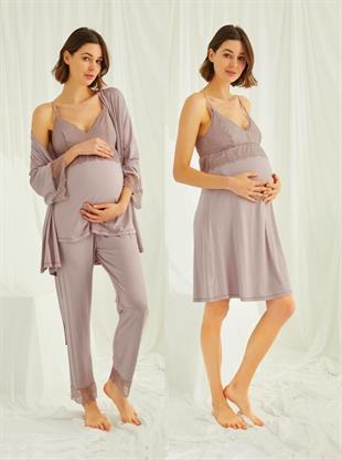 Monamise 18431490 Kadın Vizon Hamile Lohusa Seti Sabahlık Gecelik Pijama Takım