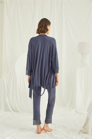 Monamise 18432453 Kadın Lacivert Hamile Lohusa Seti Sabahlık Gecelik Pijama Takım