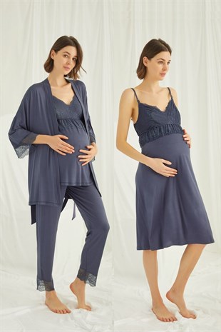 Monamise 18432453 Kadın Lacivert Hamile Lohusa Seti Sabahlık Gecelik Pijama Takım
